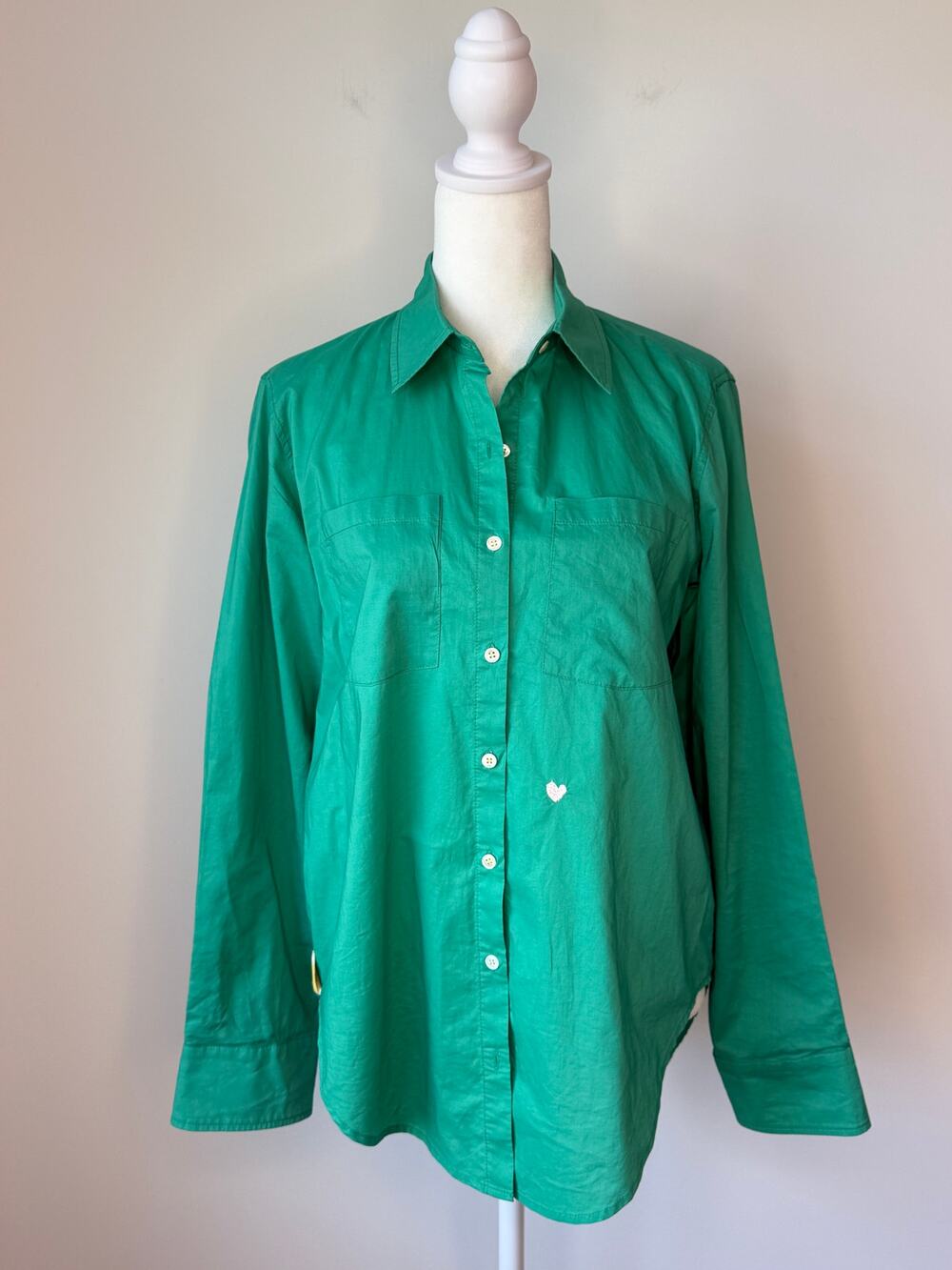 Kerri Rosenthal Green Button Down Shirt Heart Elbow Patch Oversized Top